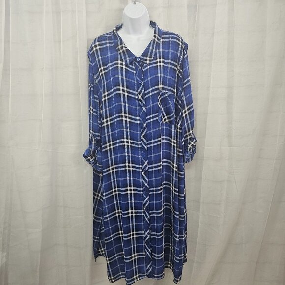 Catherines Blue White Plaid Button Down Shirt Dress Preppy Roll Tab 4X - Picture 4 of 12